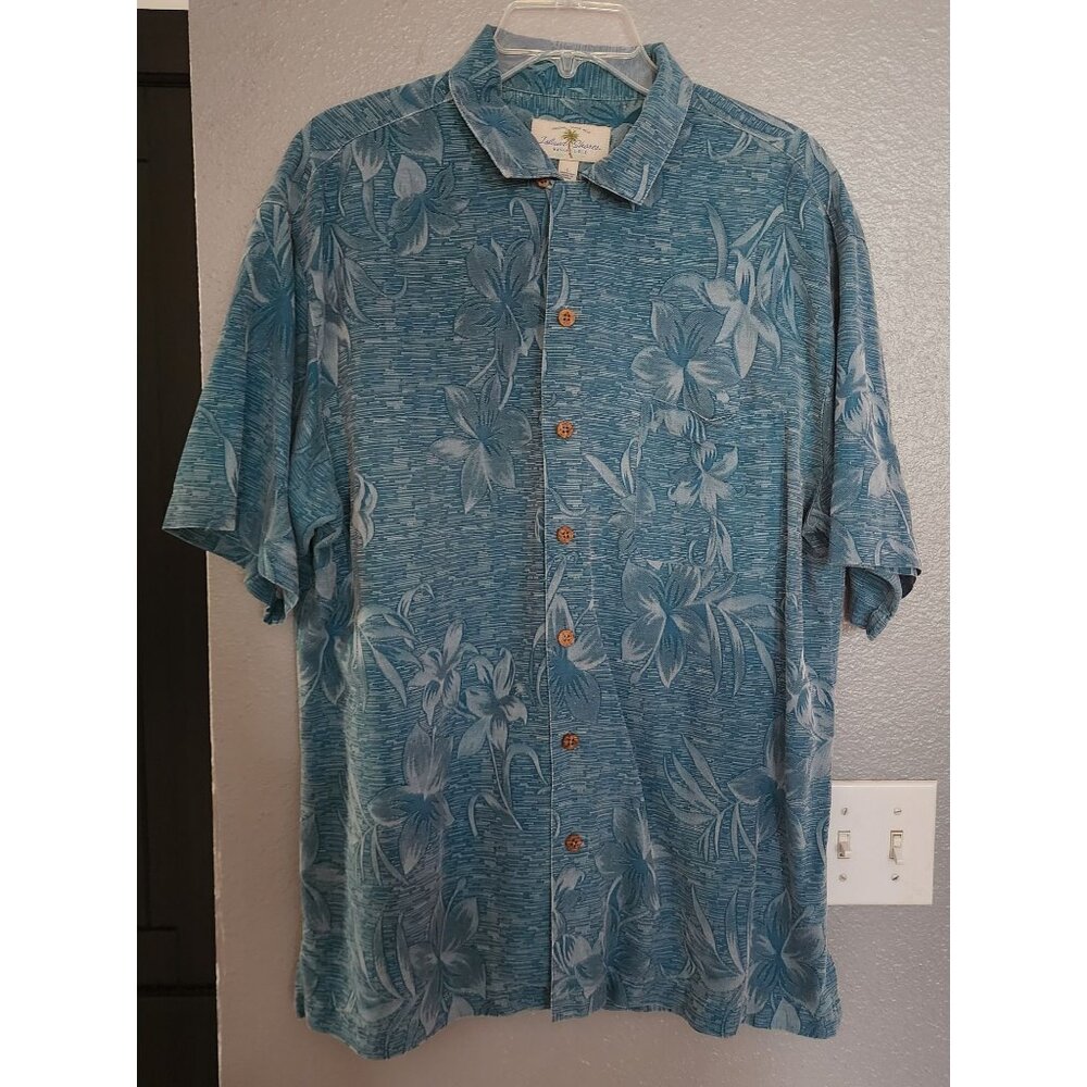 Island Shores Blue Washable Silk Hawaiian Shirt Large Short Sleeve 100%‎ Silk